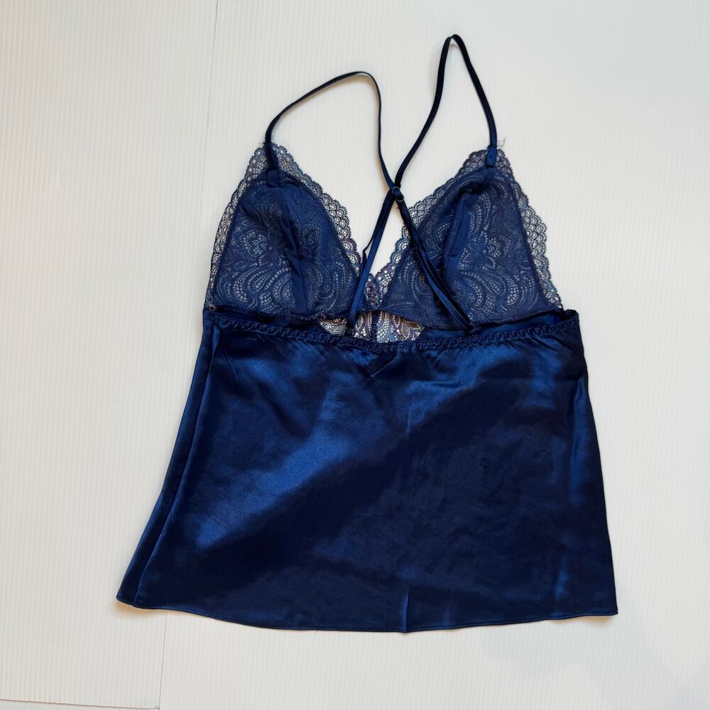 Y2K Satin Lace Babydoll Camisole Navy Lingerie Style Coquette Going Out Top Vtg - Picture 14 of 16